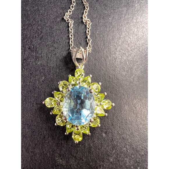 Vintage Blue Topaz & Peridot Sunburst Pendant Necklace – HT Sterling Silver - Picture 2 of 16